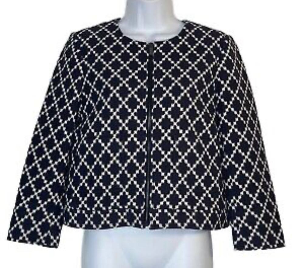 Ann Taylor Navy and White Geometric Print Cropped Zipper Blazer 6